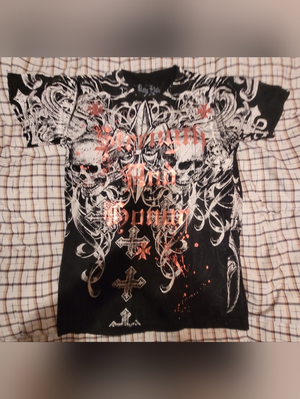 Raw State By Affliction Y2K Strength & Honor All-Over Graphic T-Shirt Sz Small
